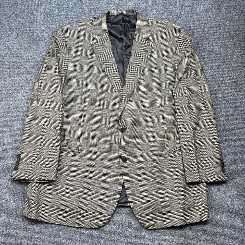 Brooks Brothers 1818 Madison Blazer 50R Saxon Wool Glen Plaid Tweed Tan/Blue USA